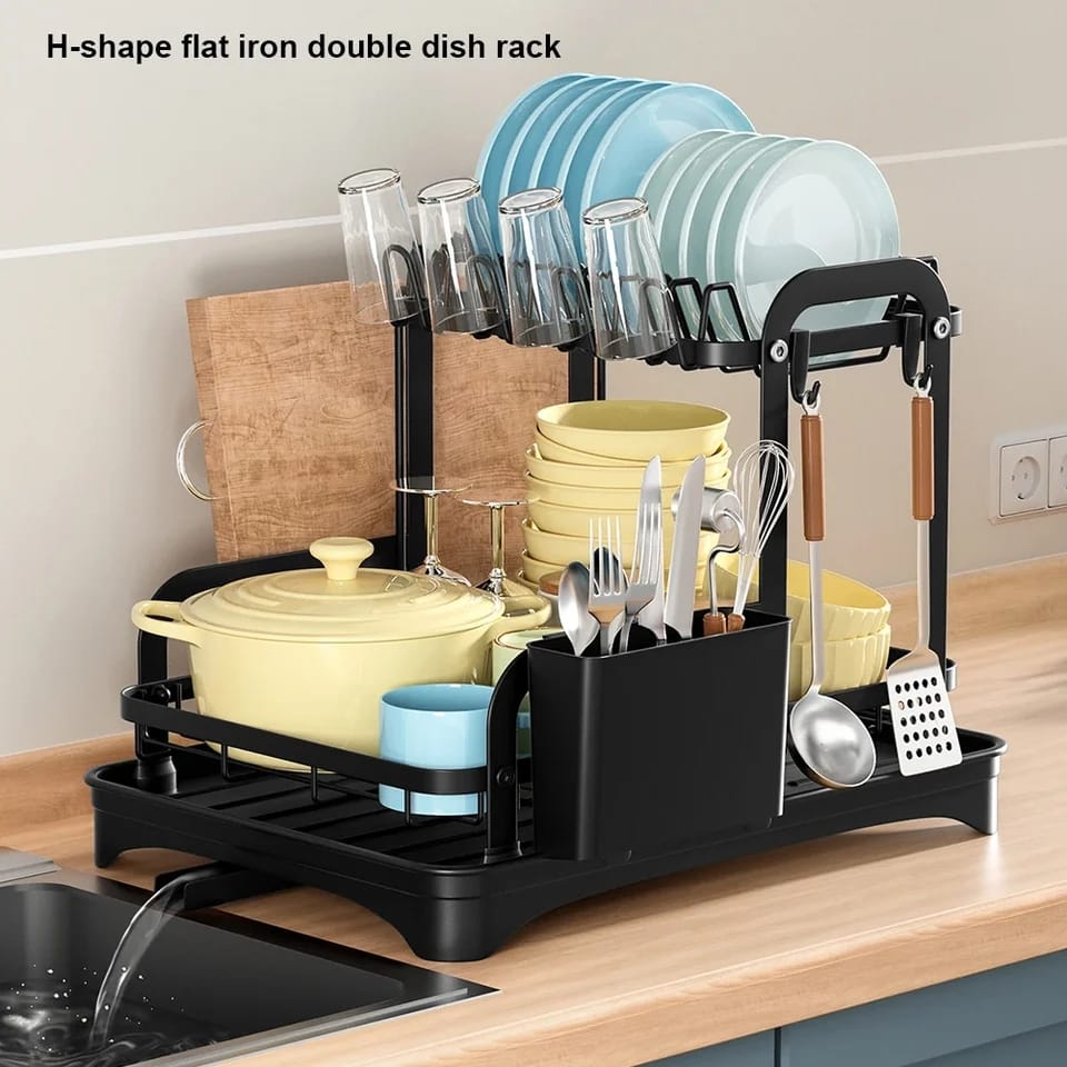 2 Tier Dish Drying Rack with Drip Tray 42x32x30cm Carbon Steel with Furaha Finds Home Goods Kitchenware Decor Storage