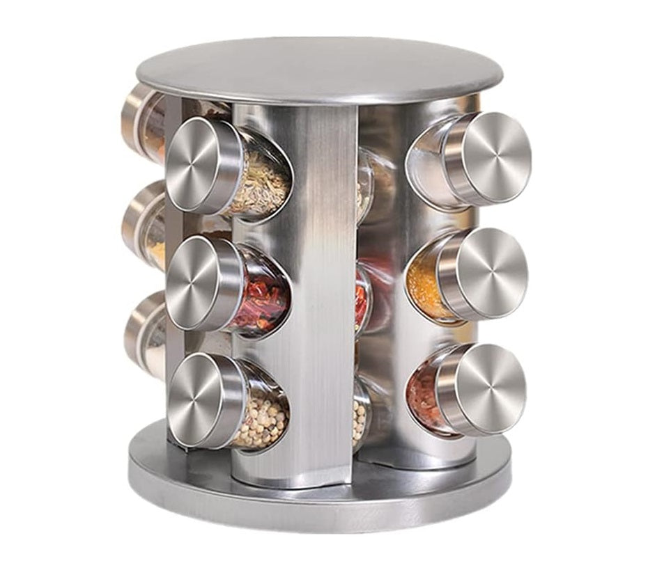 Stainless Steel Round 16 Empty Glass Jars Rotatable Spice Rack Kitchen Spice Adjustable Storage Rack Spice Organizer