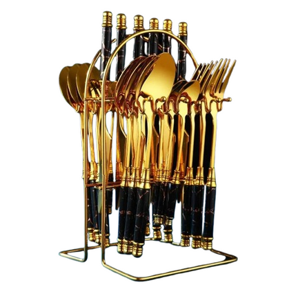 24pcs Gold Marble Cutlery Set with Stand – Stainless Steel, Ceramic Handles (Black & White)