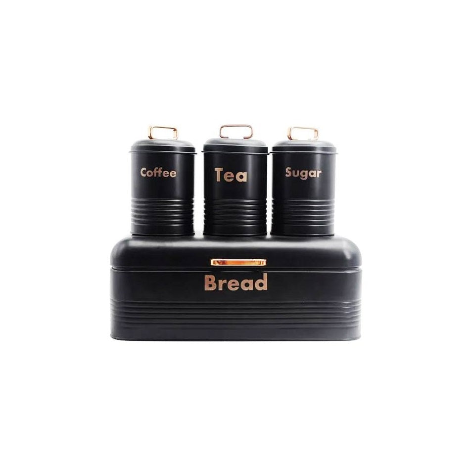 Black Alloy Bread Bin with Three Canister Set | Pantry | Bread | Cereals | Kitchen Storage