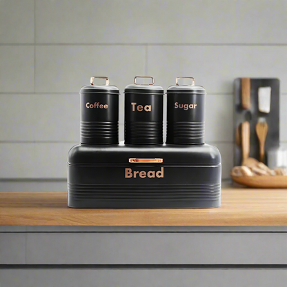 Black Alloy Bread Bin with Three Canister Set | Pantry | Bread | Cereals | Kitchen Storage