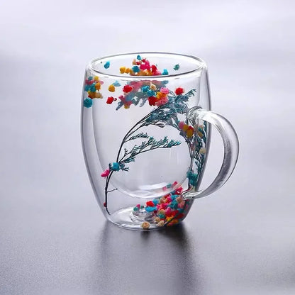 Insulated Double Wall Glass Cup Dried Flower Coffee Cup with Handle