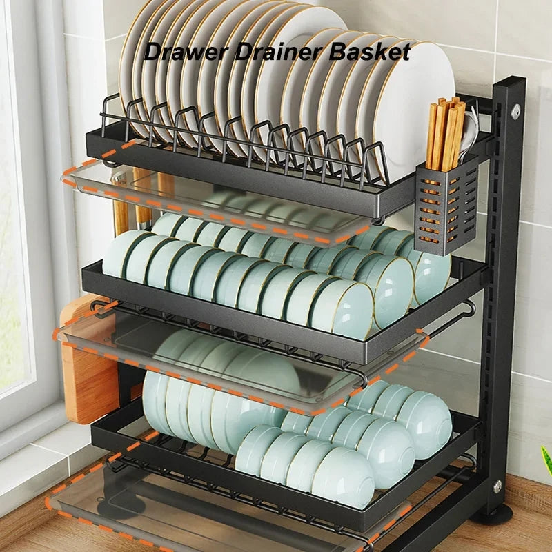 Carbon Steel 3layer Height Adjustable High Quality Dishrack with Drain Trays| Chopping Board  & Cutlery, 40.2 cm x 28.2 cm x 61.2 cm Holders