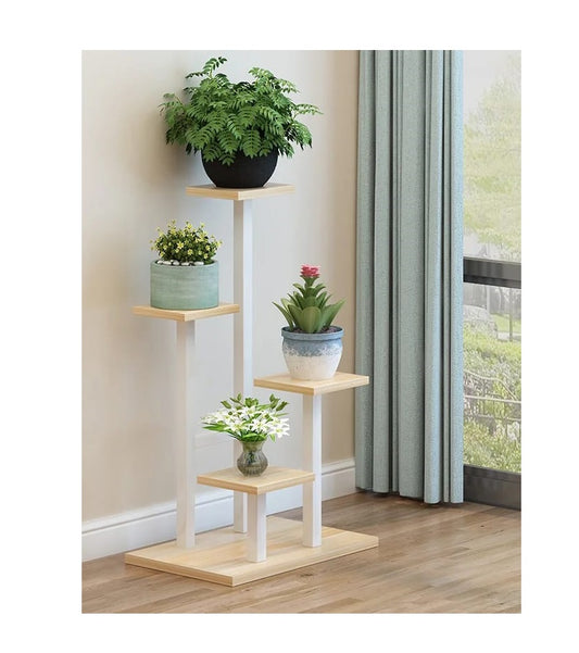 Luxurious 4 Tier Flower Plant Stand | Elegant Indoor Planter Stand for Living Room | White Frame & Walnut Color