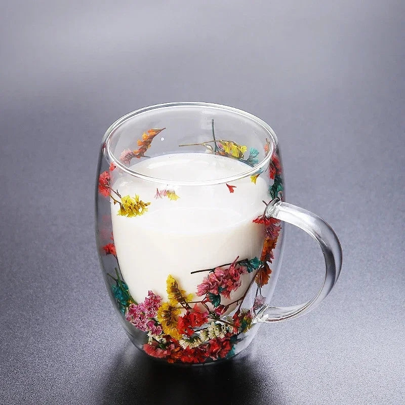 Insulated Double Wall Glass Cup Dried Flower Coffee Cup with Handle