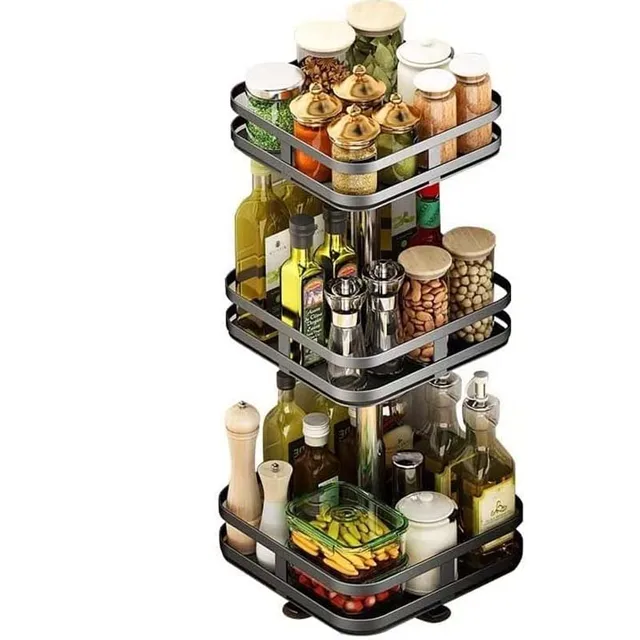 Multifunctional 3 Tier Square Metallic Rotating Storage Rack | Black Stainless Steel Condiment Organizer for Kitchen