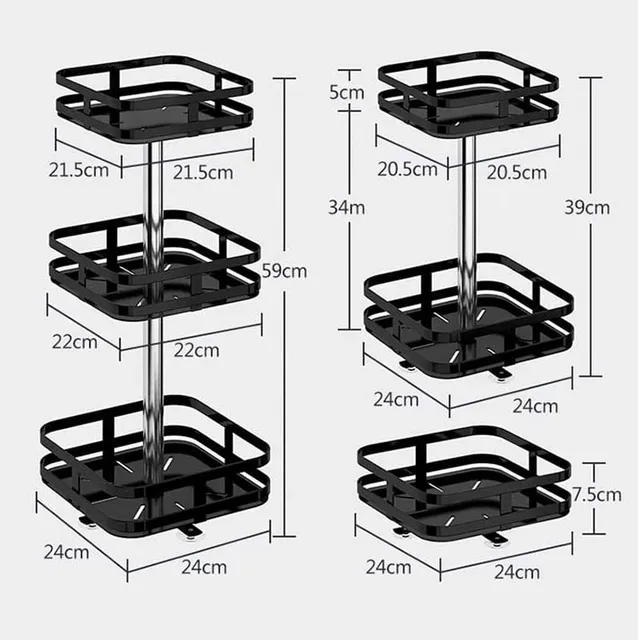 Multifunctional 3 Tier Square Metallic Rotating Storage Rack | Black Stainless Steel Condiment Organizer for Kitchen