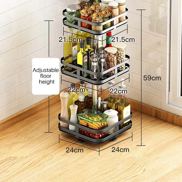 Multifunctional 3 Tier Square Metallic Rotating Storage Rack | Black Stainless Steel Condiment Organizer for Kitchen