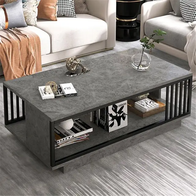 Marble Textured Coffee Table | Light Luxury Double Layer Storage, Smooth Marbling Veneer (100x50x40cm, Grey, White, Black)