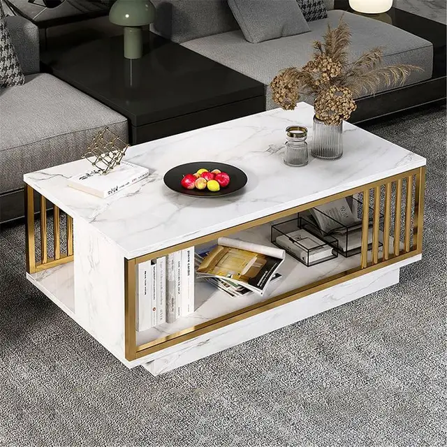 Marble Textured Coffee Table | Light Luxury Double Layer Storage, Smooth Marbling Veneer (100x50x40cm, Grey, White, Black)