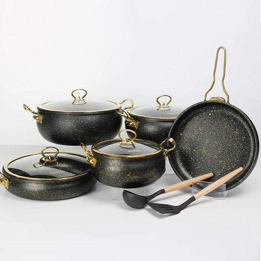 High Quality Heavy Elegant 11pcs Donnor Granite Serving|Cooking Pots Granite Black Gold