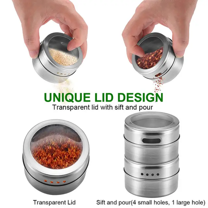 Magnetic Cruet Condiment Spice Jar Set | 9 Piece Stainless Steel Set with Wall Mounted Rack Spice Container