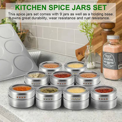 Magnetic Cruet Condiment Spice Jar Set | 9 Piece Stainless Steel Set with Wall Mounted Rack Spice Container