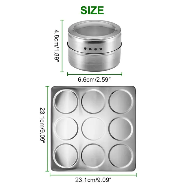 Magnetic Cruet Condiment Spice Jar Set | 9 Piece Stainless Steel Set with Wall Mounted Rack Spice Container