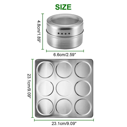 Magnetic Cruet Condiment Spice Jar Set | 9 Piece Stainless Steel Set with Wall Mounted Rack Spice Container