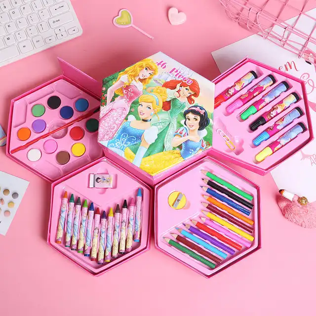 Hexagonal Color Box Art Set for Kids |46pc Set with Pencils, Crayons, Paints & More (Disney Princess, Winnie the Pooh, Mickey Mouse)