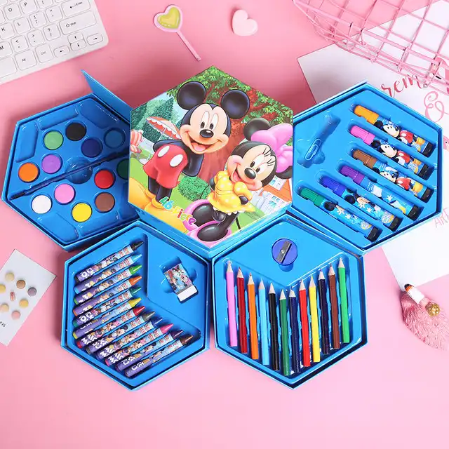 Hexagonal Color Box Art Set for Kids |46pc Set with Pencils, Crayons, Paints & More (Disney Princess, Winnie the Pooh, Mickey Mouse)