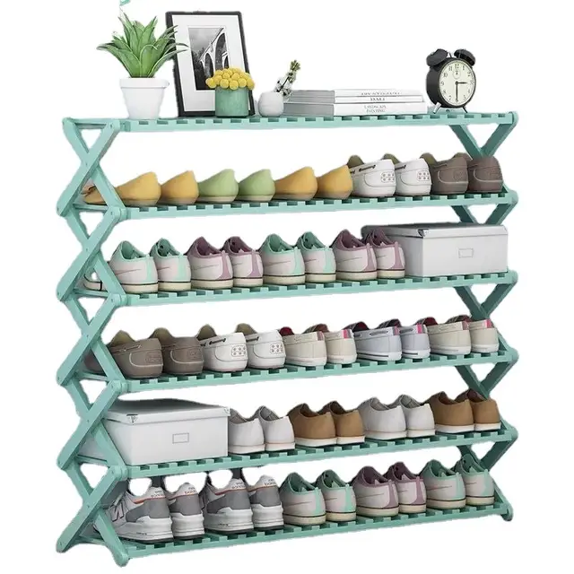 6 Tier Bamboo Shoe Rack Stand |Foldable Multifunctional Organizer for Shoes, Books, Plants, and More (100x113x25cm, Blue)