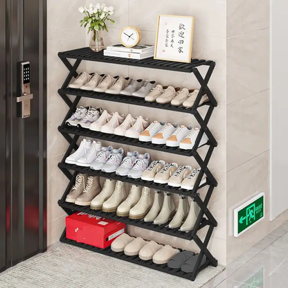 Thickened 6Tier Black Bamboo Shoe Rack Stand | Goldable & Multifunctional Organizer for Shoes, Books, Plants  100x113x30cm