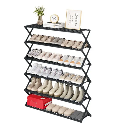 Thickened 6Tier Black Bamboo Shoe Rack Stand | Goldable & Multifunctional Organizer for Shoes, Books, Plants  100x113x30cm