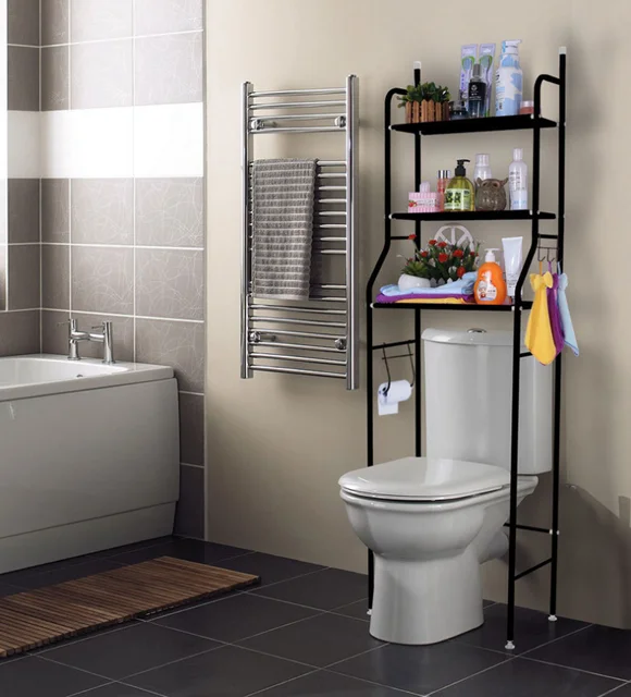 Over the Toilet Steel Tube Stand Organizer | Space Saving Stainless Steel Bathroom Shelf, 158x26x50cm, Black & White