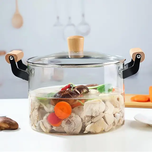 Highly Heat Resistant Borosilicate Cooking Pot with Wooden handles| 3.5L Capacity