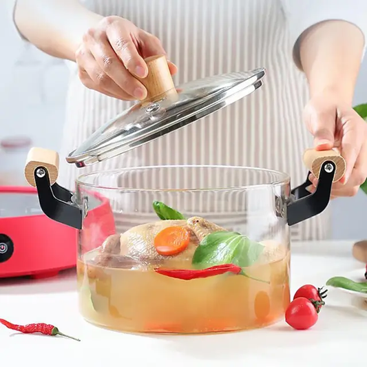 Highly Heat Resistant Borosilicate Cooking Pot with Wooden handles| 3.5L Capacity