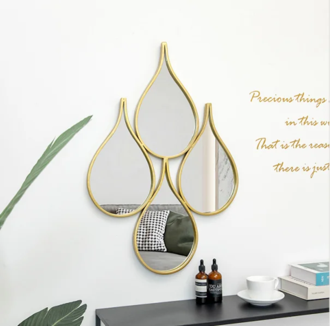 Gold Plated Nordic Decor Mirror | Teardrop Shaped Metal Frame Wall Hanging | Elegant Nordic Style for Living Room, Dining Room, Hallway