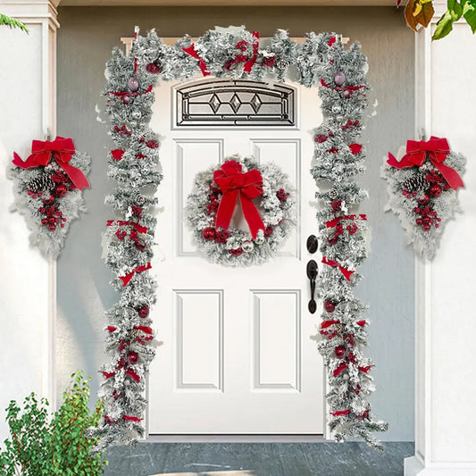 1.5m Front Door Christmas Wreath Decoration | Flocking Luminous Wreath with Upside Down Tree Hanging | Rattan Wall Pine Garland Set |