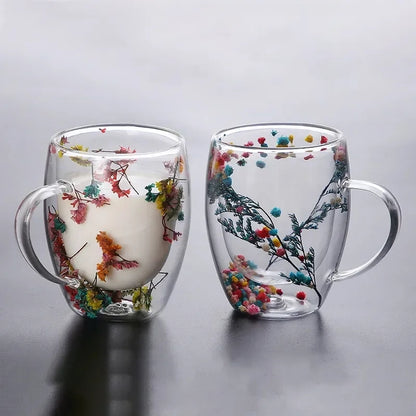 Insulated Double Wall Glass Cup Dried Flower Coffee Cup with Handle