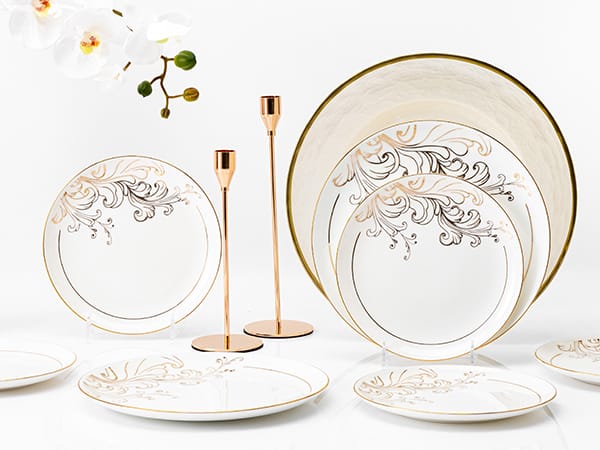 Bone China Side Plate | Grey Flower & Gold Details | 8"