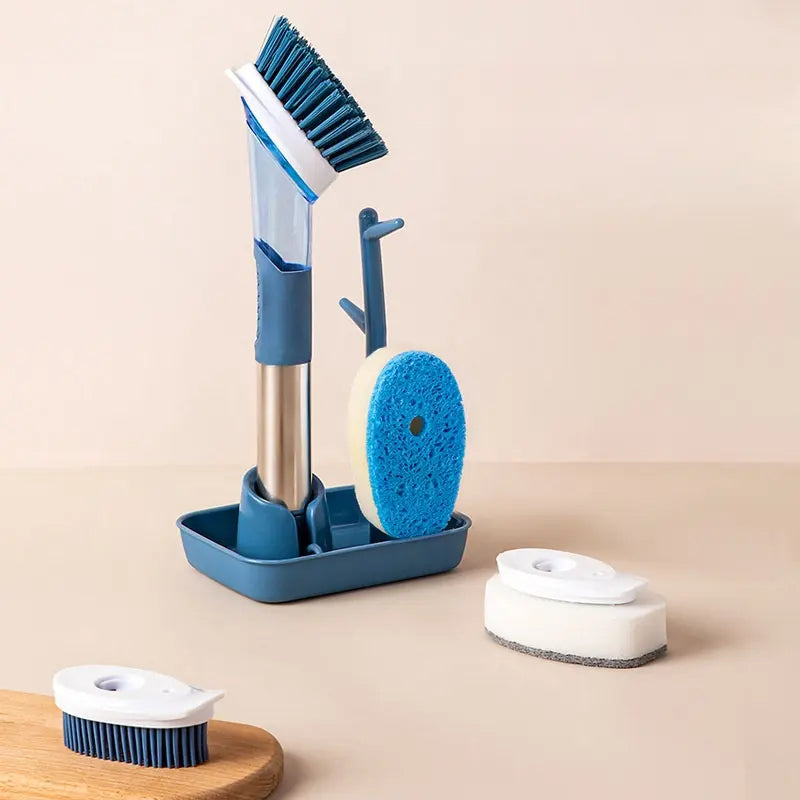 Soap Dispensing Dish Brush Set | Includes 4 Replacement Heads & Handle | Ideal for Pots, Stoves, NonStick Cookware | Blue & Grey