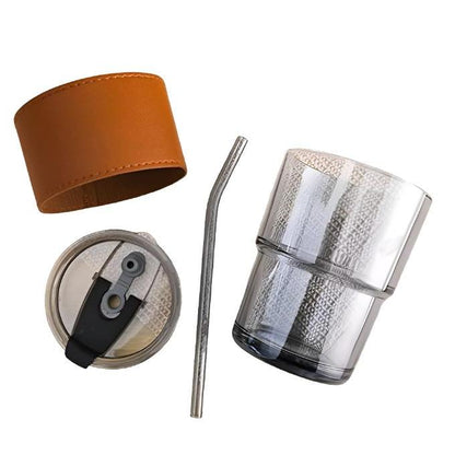 450ml Glass Tumbler/Cup with Straw and Leather Protective Sleeve