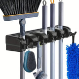 Wall Mounted Broom Holder | 5 Position Organizer with 6 Hooks for Brush & Mop Storage