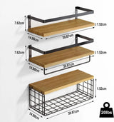 Set of 3 Rustic Wall Mounted Floating Shelves with Towel Rack