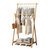 Foldable Bamboo Cloth Hanging Rack | Double Layer Free Standing Coat Rack with Side Hooks | Ideal for Bedrooms, Boutiques & Laundry Areas