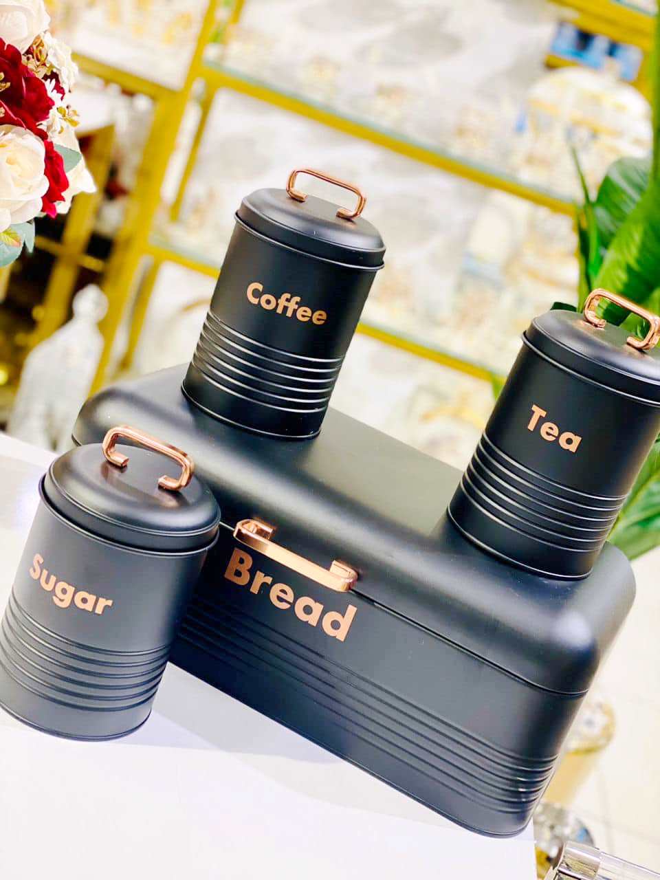 Black Alloy Bread Bin with Three Canister Set | Pantry | Bread | Cereals | Kitchen Storage