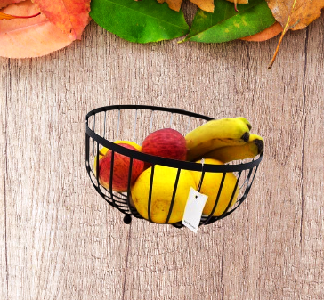 25cm Black Metal Design Fruit Basket with Wooden Base | Living Room  | Kitchen Fruits OrganizeR Storage