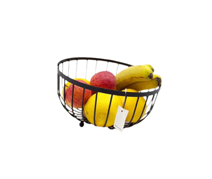 25cm Black Metal Design Fruit Basket with Wooden Base | Living Room  | Kitchen Fruits OrganizeR Storage