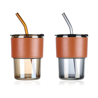 450ml Glass Tumbler/Cup with Straw and Leather Protective Sleeve