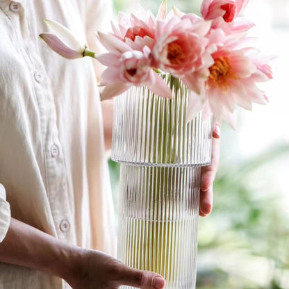 Long Designed Ribbed Glass Flower Vase | Elegant Decorative Vase | Living Room Decor