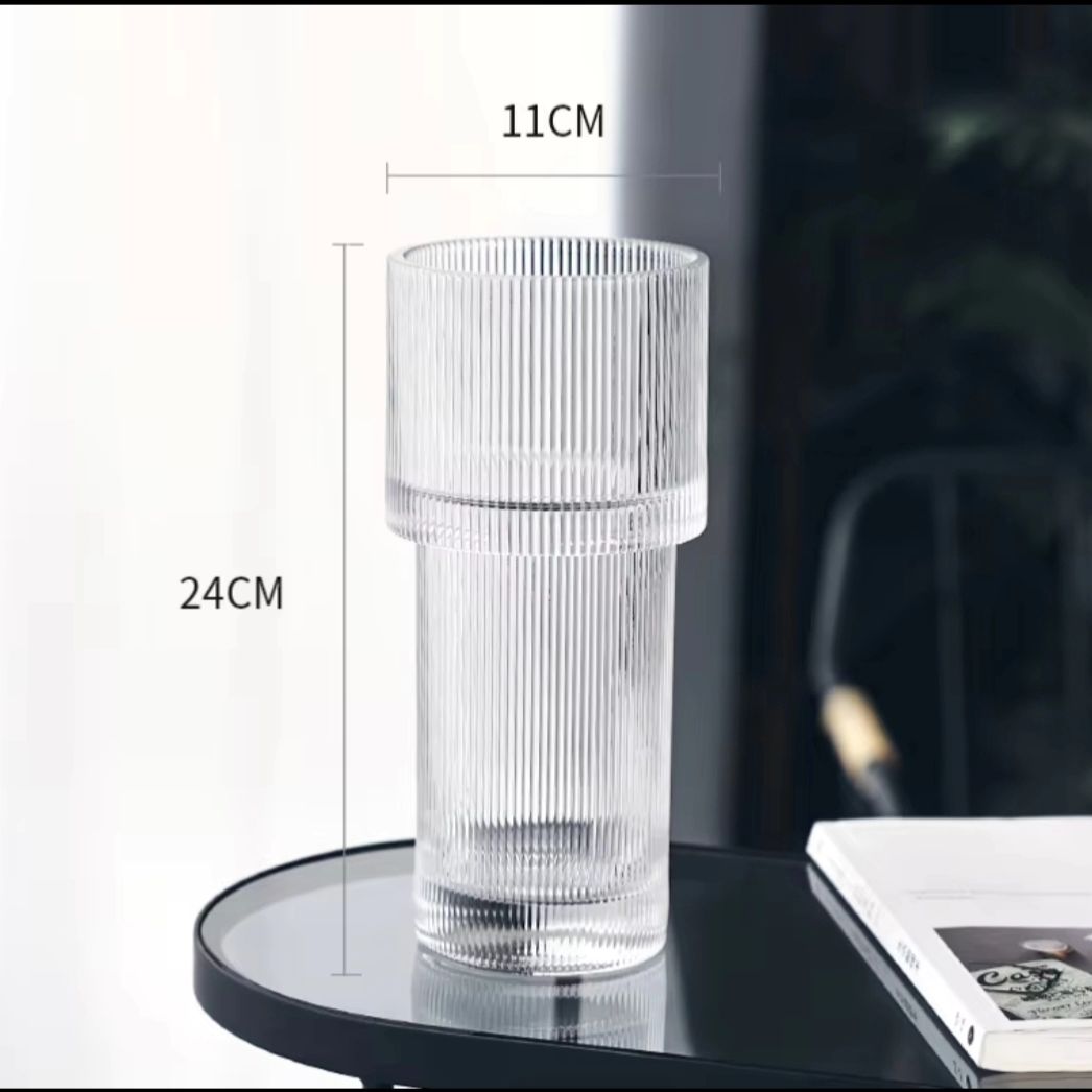 Long Designed Ribbed Glass Flower Vase | Elegant Decorative Vase | Living Room Decor