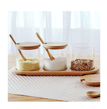 3 in 1 Seasoning Glass Jars Set with Bamboo Lids | MultiUse Kitchen Condiment Containers for Sugar, Salt, and Coffee