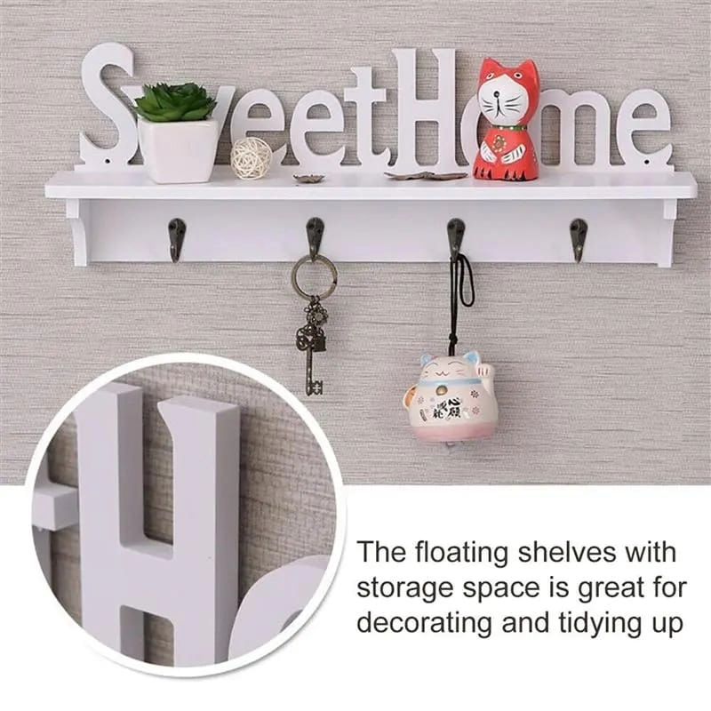 SWEET HOME Wooden Key Holder Stand with Metallic Hooks | Easy to Install, 15x7x47cm Wall Organizer