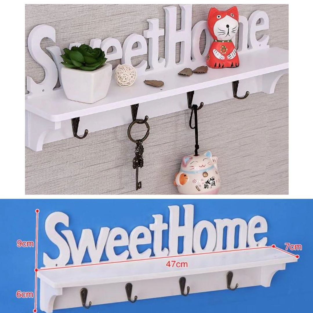 SWEET HOME Wooden Key Holder Stand with Metallic Hooks | Easy to Install, 15x7x47cm Wall Organizer