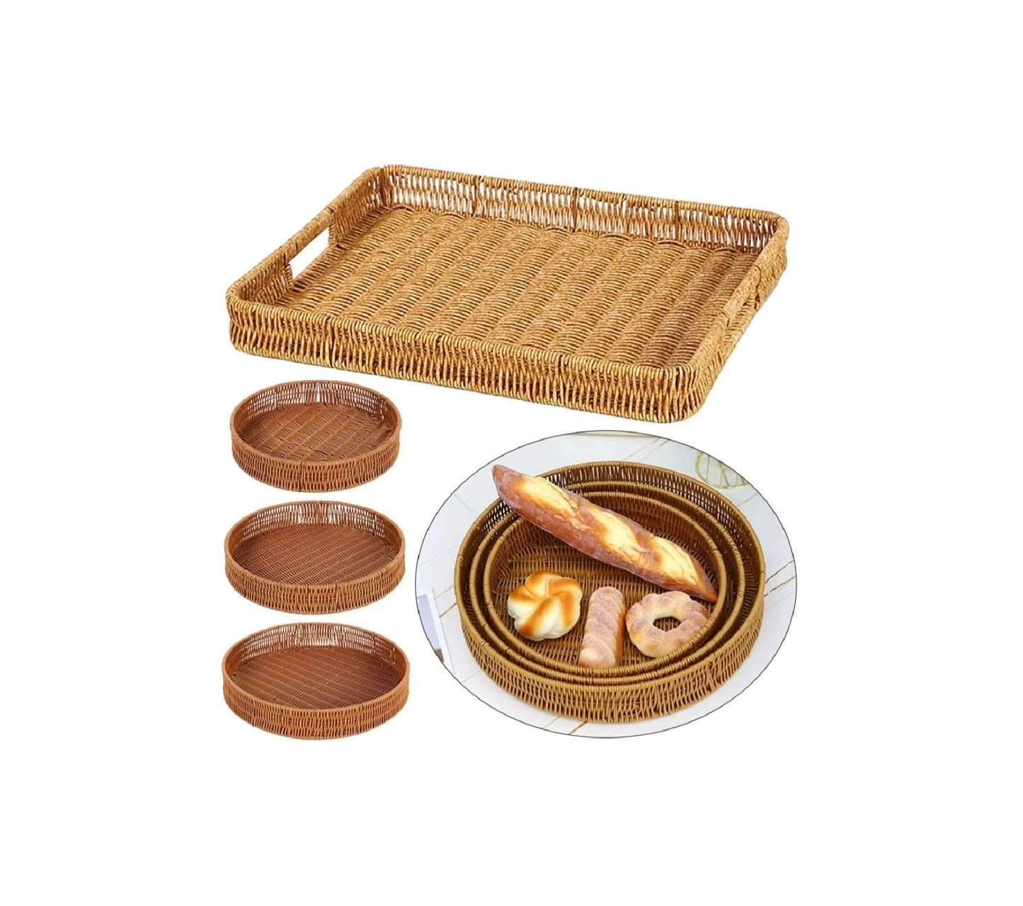 3in1 Handwoven Rattan Decorative Trays | Available in Rectangular and Circular Shapes | Ideal For Living Room, Kitchen, Or Dining Room Decor