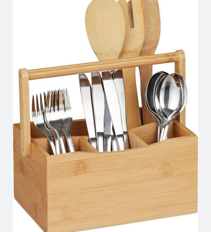 Portable Kitchen Cutlery Organizer with Handle | Bamboo Countertop Utensil Holder | 23x10x20cm