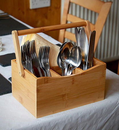 Portable Kitchen Cutlery Organizer with Handle | Bamboo Countertop Utensil Holder | 23x10x20cm