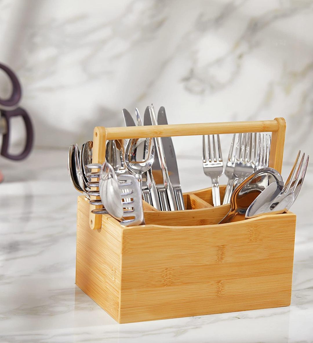 Portable Kitchen Cutlery Organizer with Handle | Bamboo Countertop Utensil Holder | 23x10x20cm