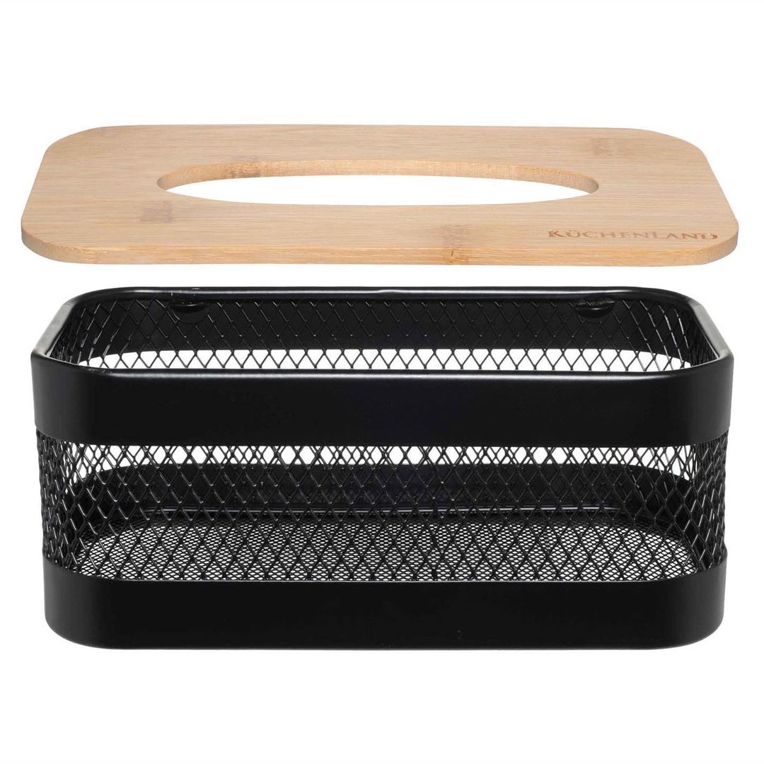 Wooden Top Mesh Serviette Holder | Black Wire Mesh with Bamboo Lid